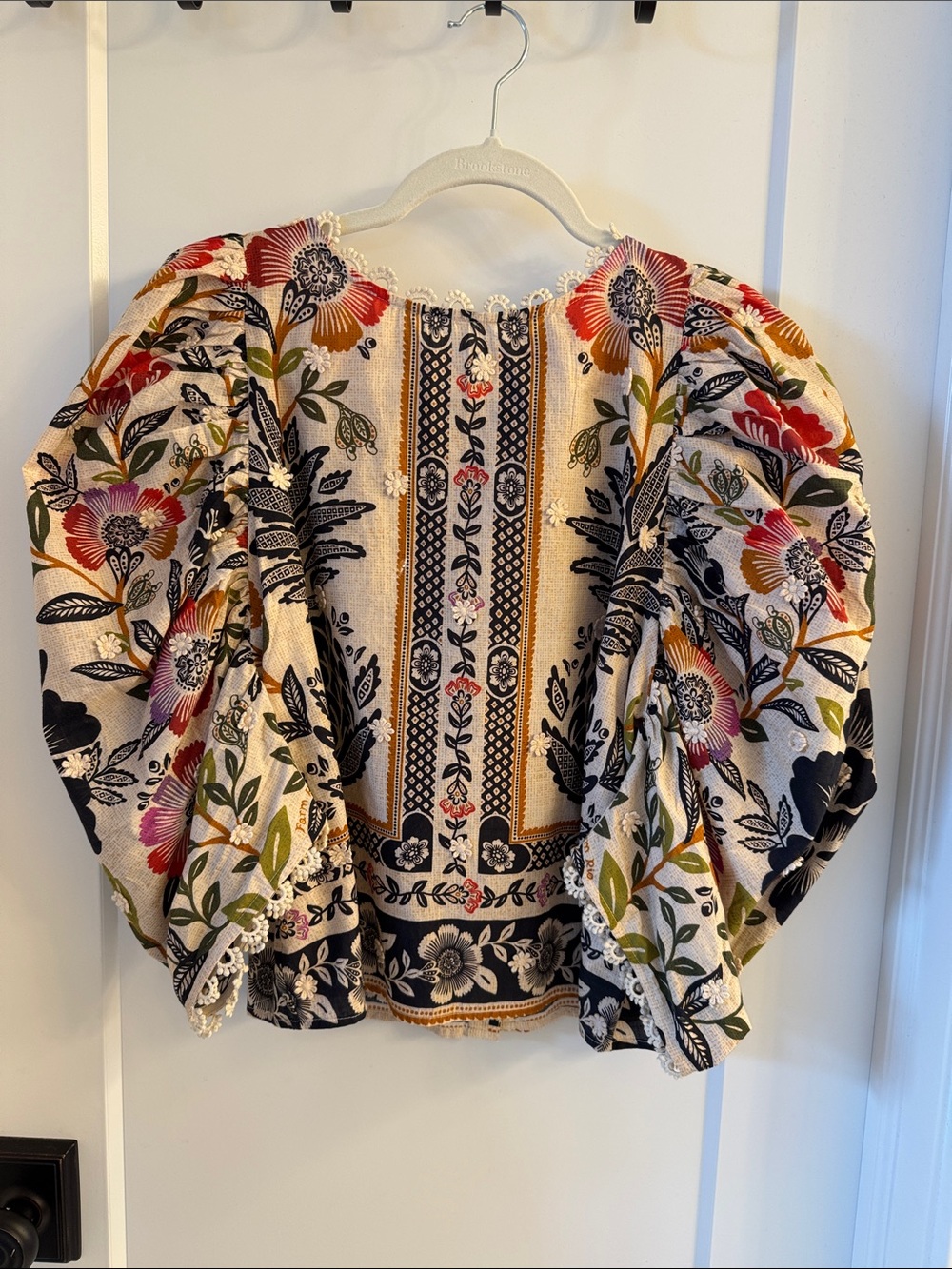 Farm Rio Embroidered Floral Puff-Sleeve Blouse - Cream / Multicolor